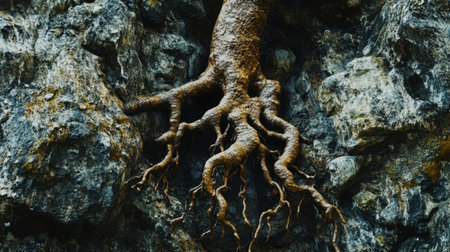A close-up of a tree roots gripping tightly to the side of a cliff, showing resilience and strength.の素材