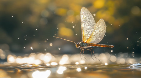 A close-up of a mayfly hovering above a stream, its delicate wings catching the light.の素材