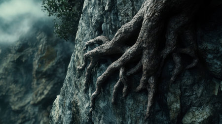 A close-up of a tree roots gripping tightly to the side of a cliff, showing resilience and strength.の素材