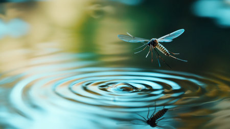 A close-up of a mosquito flying near still water, with ripples forming below.の素材