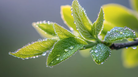 A close-up of a tree budding leaves in early spring, with dewdrops on the edges.の素材