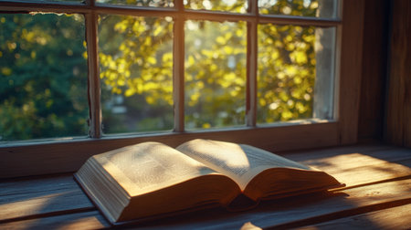 A close-up of an open book with its pages gently fluttering in the breeze, placed on a wooden table by a sunny window.の素材