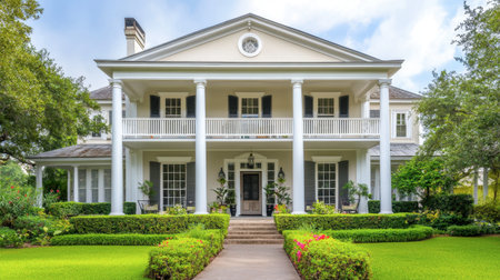 A colonial-style house with white columns, a symmetrical facade, and a large front porch.の素材