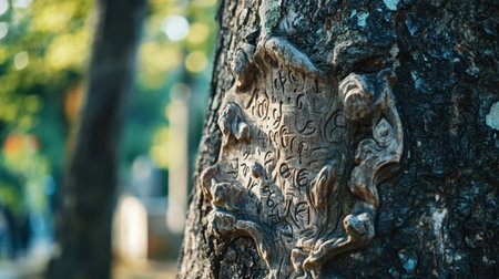 A close-up of a tree trunk with carvings of initials from past visitors.の素材