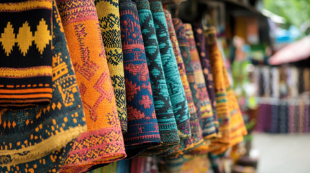 A close-up of handwoven cloth with a traditional ethnic pattern, displayed in a vibrant market setting.の素材