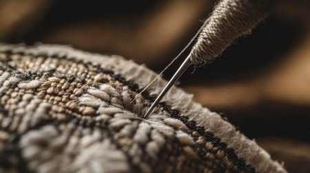 A close-up of a needle and thread working through a piece of cloth, focusing on the detailed stitching of a handmade garment.の素材