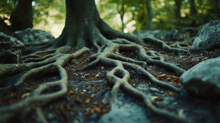 A close-up of tree roots spreading across the forest floor, intertwining with rocks and soil.の素材