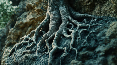 A close-up of a tree roots gripping tightly to the side of a cliff, showing resilience and strength.の素材
