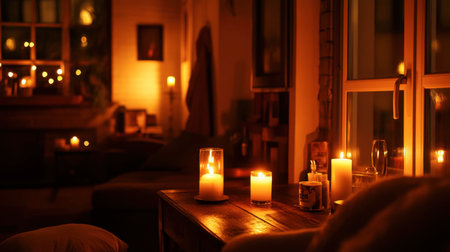 A cozy room lit by warm candlelight, with flickering flames creating a peaceful ambiance.の素材
