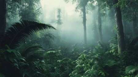 A dense rainforest with towering trees and thick underbrush, shrouded in mist.の素材