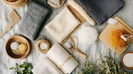 A flat lay of eco-friendly fabric options, including organic cotton, bamboo, and hemp, arranged with sustainable living elements.の素材