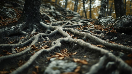 A close-up of tree roots spreading across the forest floor, intertwining with rocks and soil.の素材