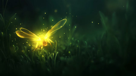A firefly glowing in the dark, its light shining brightly in a summer field.の素材