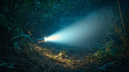 A flashlight beam cutting through the darkness of a dense forest at night.の素材