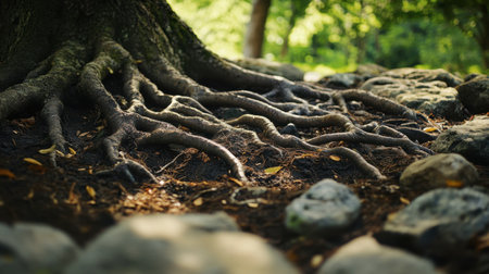 A close-up of tree roots spreading across the forest floor, intertwining with rocks and soil.の素材