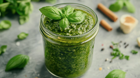 A glass jar filled with fresh pesto sauce, with a sprig of basil on top and ingredients scattered around.の素材