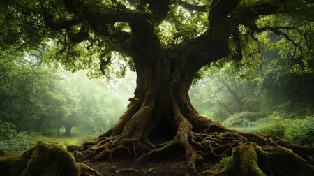 A gnarled, ancient tree in a mystical forest, with twisted roots and a hollow trunk.の素材