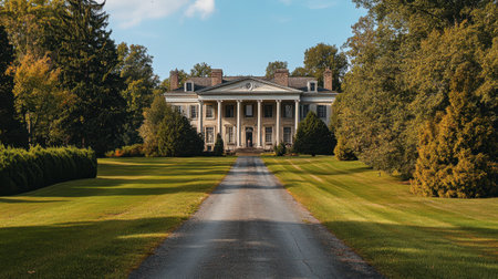 A historic mansion with grand columns, an expansive lawn, and a long driveway lined with trees.の素材