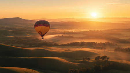 A hot air balloon flying over rolling hills at dawn, with the sun rising in the background.の素材