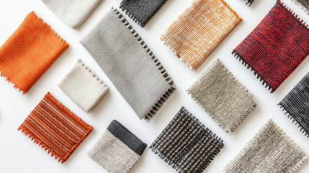 A flat lay of various fabric swatches in different colors and textures, arranged in a harmonious palette on a white background.の素材