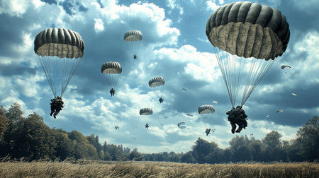 A group of paratroopers descending from the sky, parachutes open, flying over a field.の素材