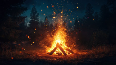 A glowing campfire with sparks flying into the night sky, surrounded by dark trees.の素材