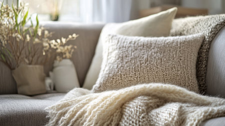A cozy scene with a soft woolen blanket and a matching throw pillow, creating a warm and inviting atmosphere in a living room.の素材