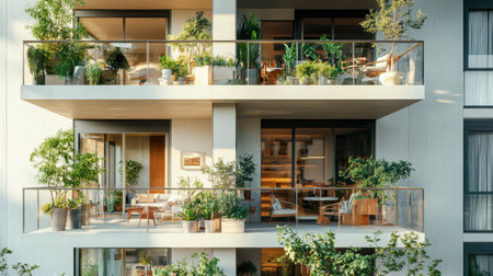 A high-rise apartment building with balconies, each decorated with plants and outdoor furniture.の素材