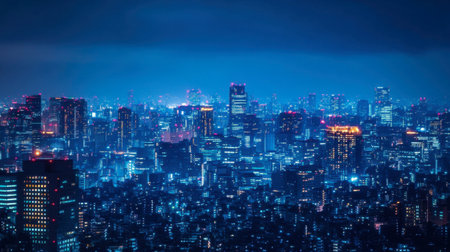 A city skyline at night, with buildings illuminated by countless lights.の素材