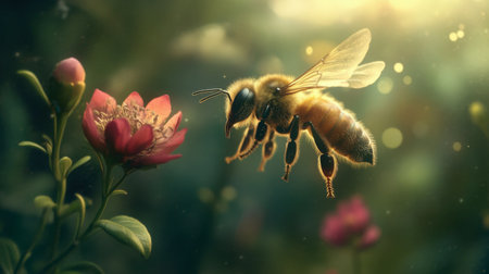 A close-up of a bee flying towards a blooming flower, its wings a blur of motion.の素材