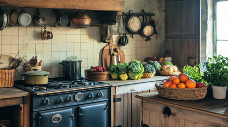 A charming farmhouse kitchen with vintage decor, an old-fashioned stove, and fresh produce on the counter.の素材