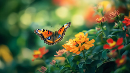 A close-up of a butterfly taking flight from a vibrant flower in a summer garden.の素材
