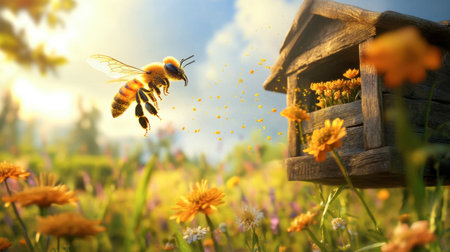 A bee flying towards a hive, loaded with pollen collected from nearby flowers.の素材