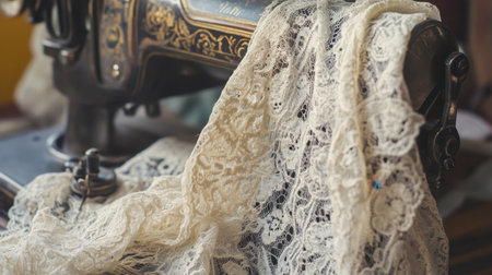 A close-up of a delicate lace cloth draped over a vintage sewing machine, highlighting the intricate details of the material.の素材