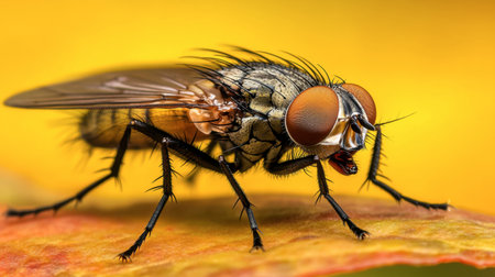 A close-up of a housefly resting on a leaf, with detailed focus on its wings and compound eyes.の素材