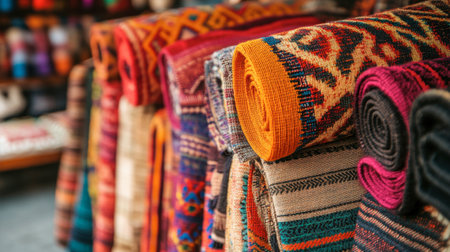 A close-up of handwoven cloth with a traditional ethnic pattern, displayed in a vibrant market setting.の素材