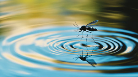 A close-up of a mosquito flying near still water, with ripples forming below.の素材
