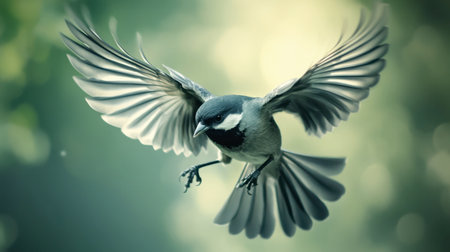 A close-up of a bird in mid-flight, wings fully spread as it glides through the air.の素材