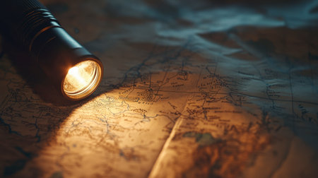 A close-up of a flashlight shining on an old map, with details illuminated in the dark.の素材