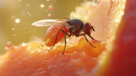 A close-up of a fly buzzing around a piece of fruit in a kitchen.の素材