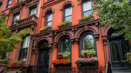 A historic row house with a red brick facade, ornate ironwork, and flower boxes on each window.の素材