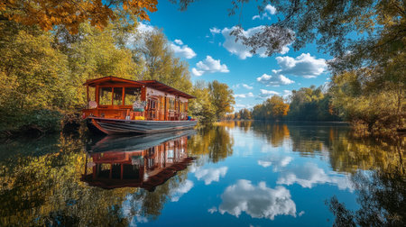 A houseboat docked along a peaceful river, with reflections of trees and the sky on the water.の素材