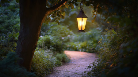 A lantern hanging in a tree, softly illuminating a garden path on a summer evening.の素材