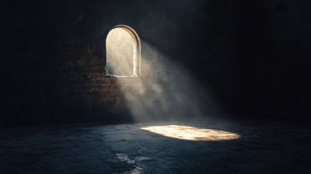 A light shining through a keyhole, casting a small beam onto the floor of a dark room.の素材