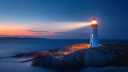 A lighthouse beaming its powerful light across the sea at dusk.の素材