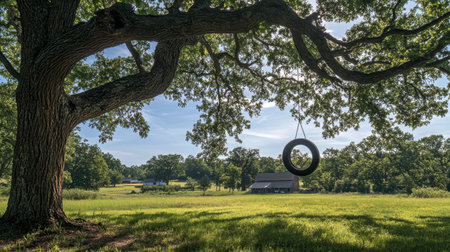 A large oak tree with a tire swing hanging from one of its branches, with a farmhouse in the distance.の素材