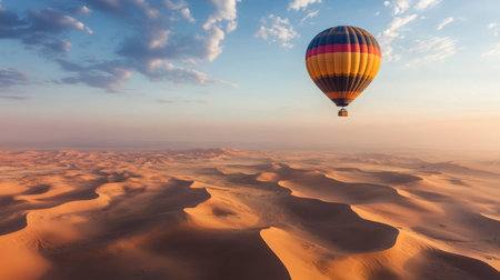 A hot air balloon rising above a desert landscape, with sand dunes stretching out below.の素材