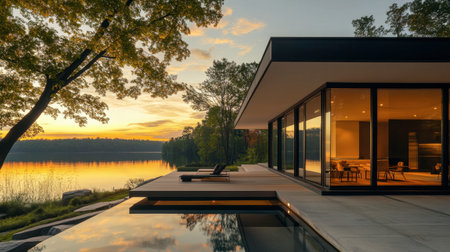 A modern, minimalist house with large glass windows overlooking a serene lake at sunset.の素材