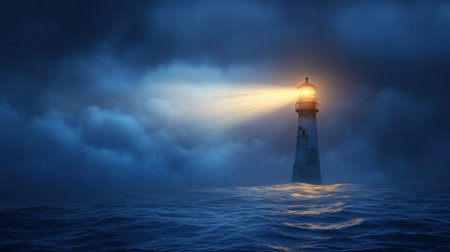 A lighthouse beaming its powerful light across the sea at dusk.の素材