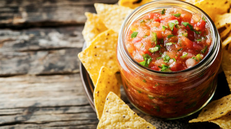 A jar of fresh salsa, placed next to a bowl of tortilla chips on a rustic wooden table, ready for dipping.の素材